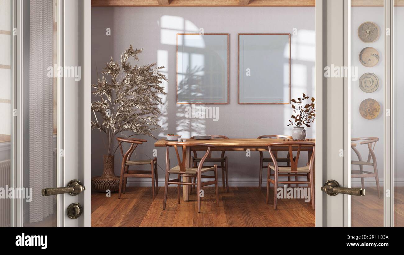 Classic white glass door opening on farmhouse wooden dining room in ...