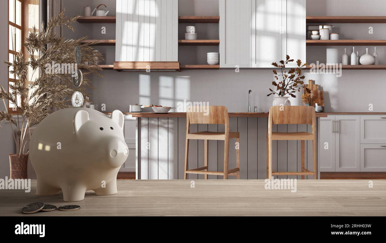 Wooden table top or shelf with white piggy bank with coins, farmhouse ...