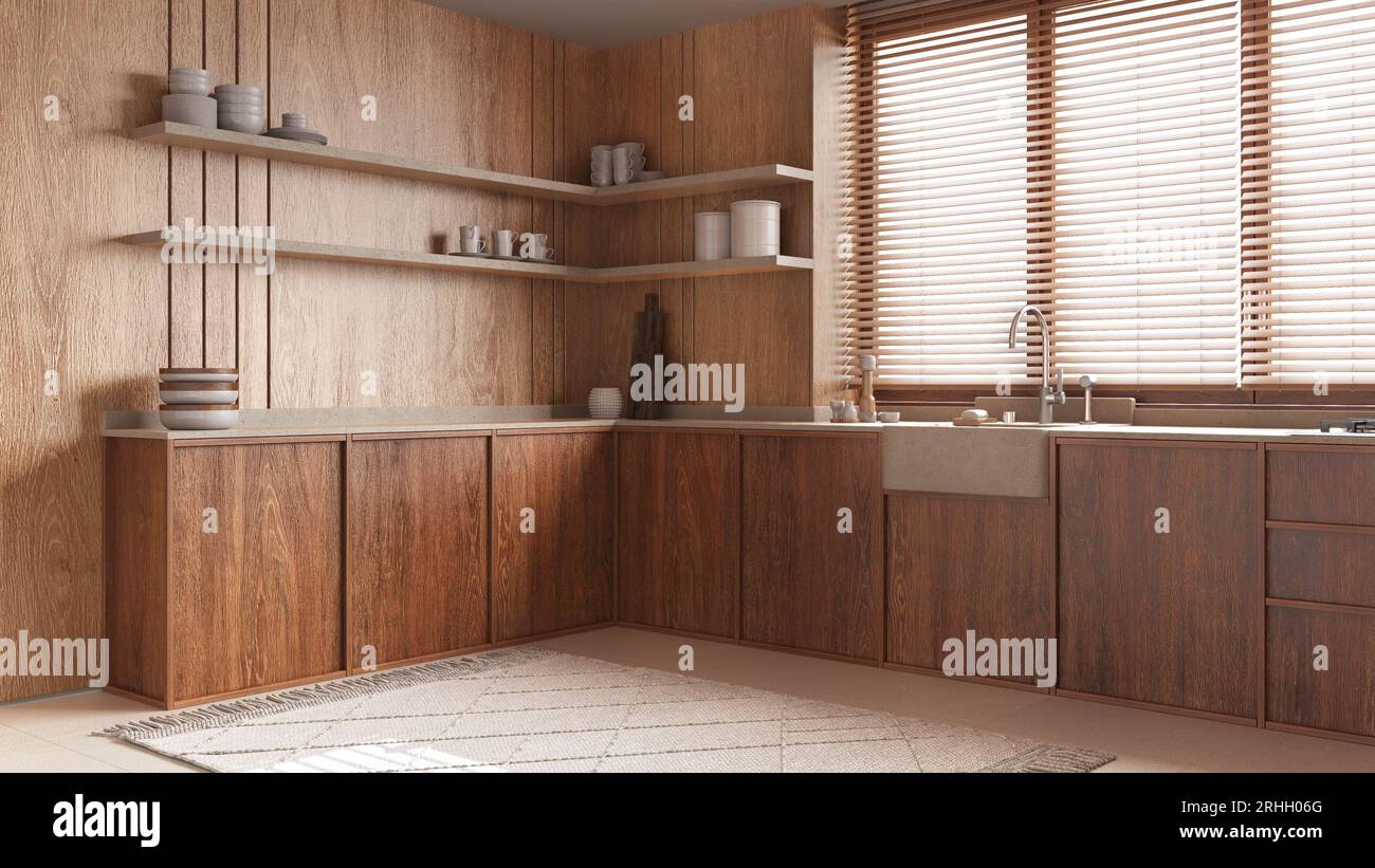 Modern wooden kitchen in white and beige tones. Cabinets, sink and ...