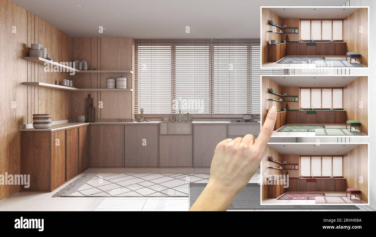 Architect designer concept, hand showing japandi minimal wooden kitchen ...