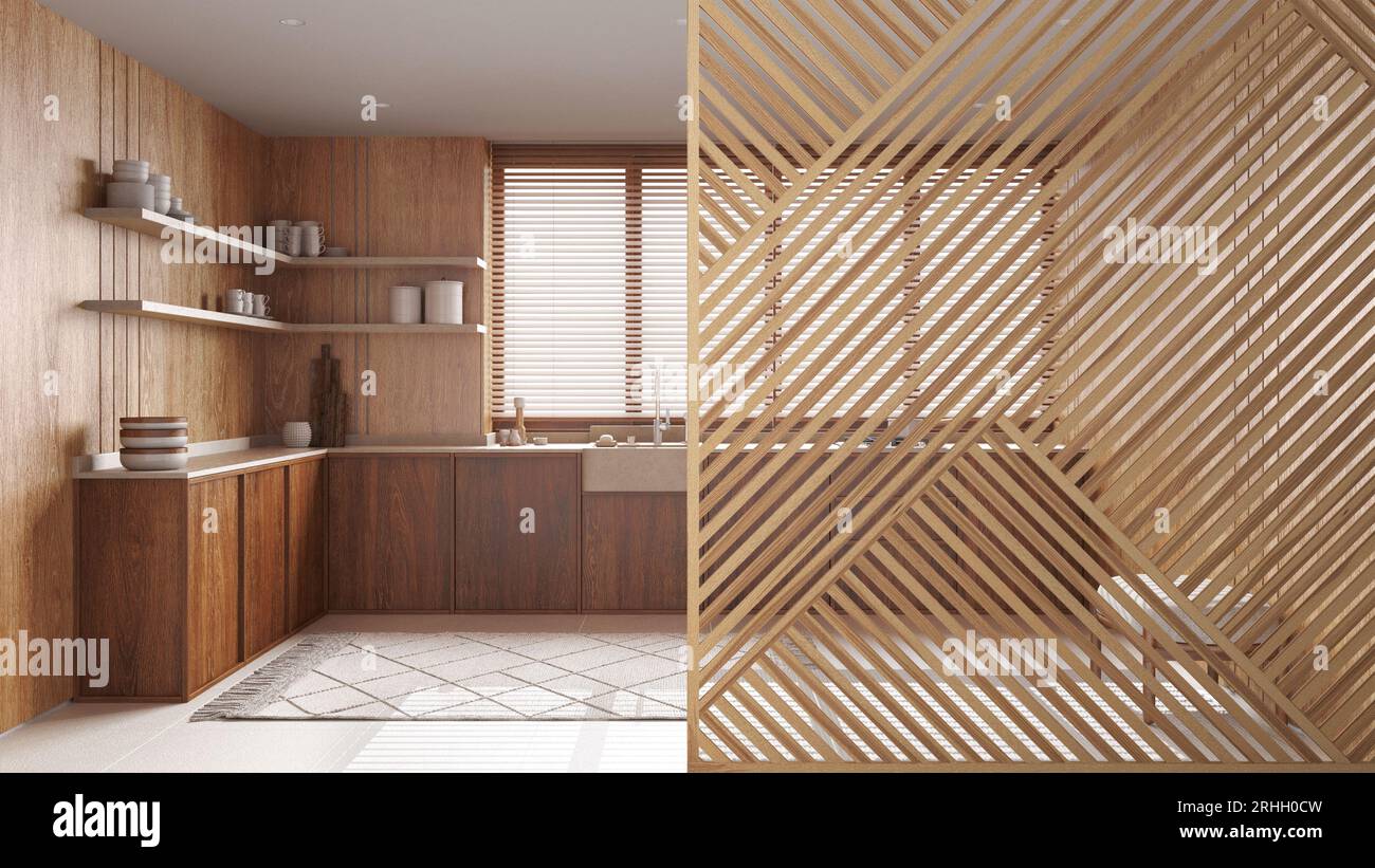 Wooden panel close-up, modern japandi kitchen with cabinets, marble ...