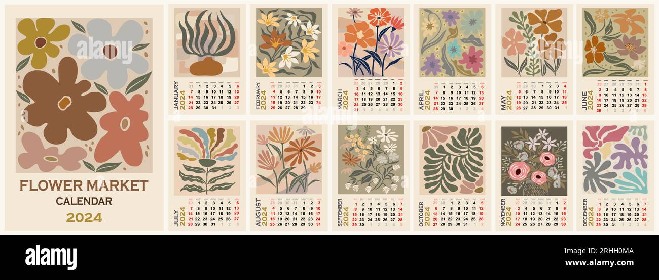Floral calendar for 2024 with abstract flowers Stock Vector Image & Art