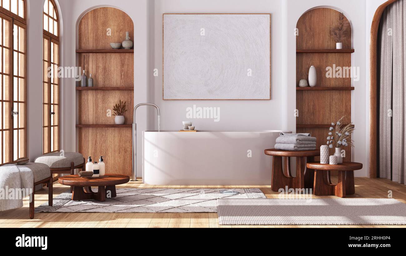 Wooden bathroom in boho style with arched door and windows, parquet ...