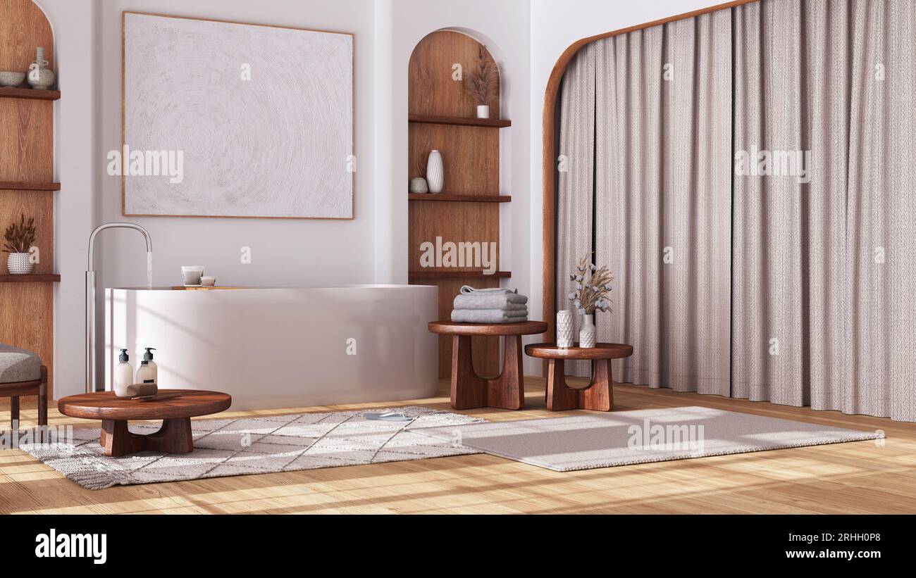 Wooden bathroom in japandi style with arched door and parquet floor ...