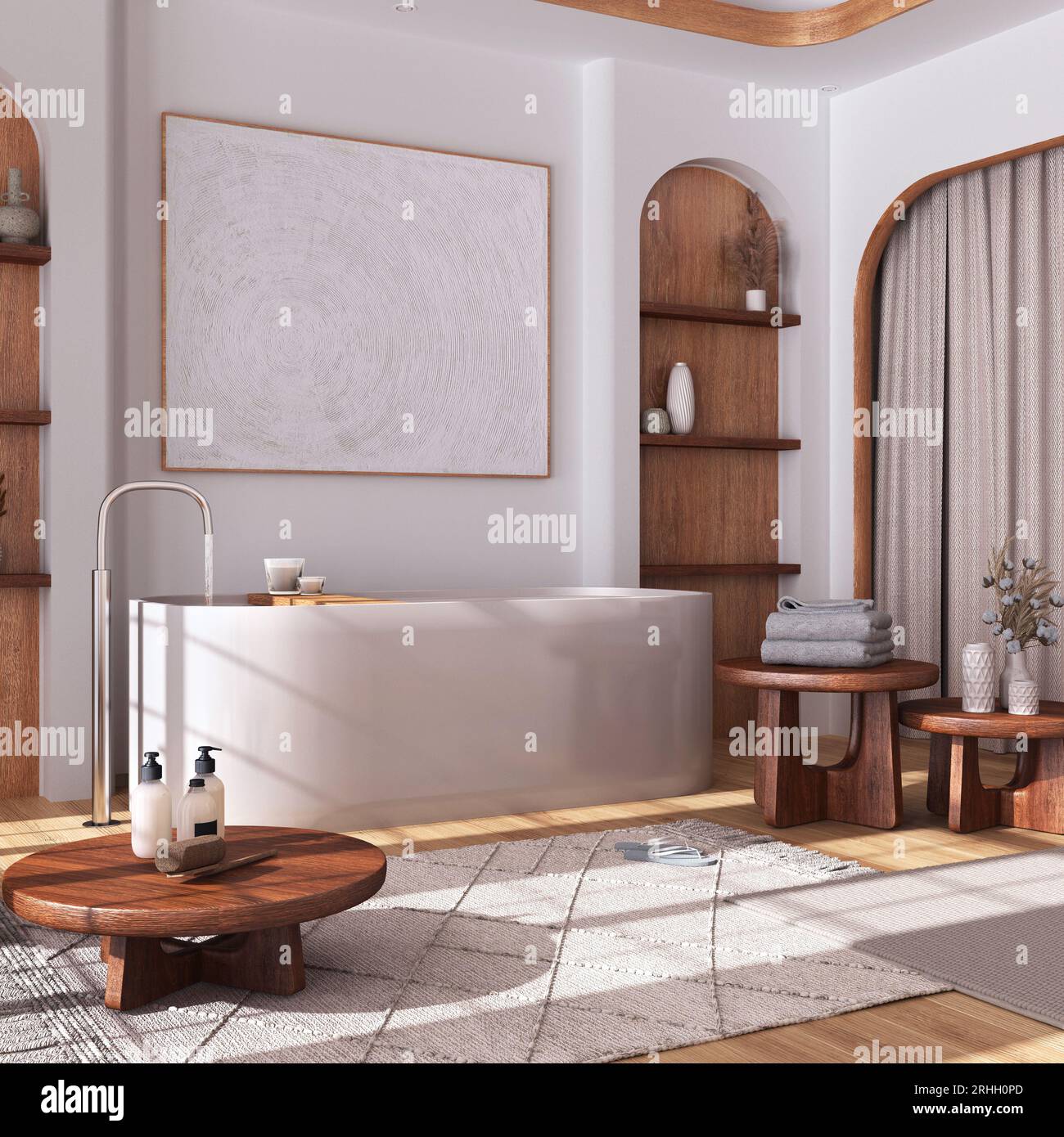 Modern wooden bathroom with curtains, bathtub, tables and carpets in ...