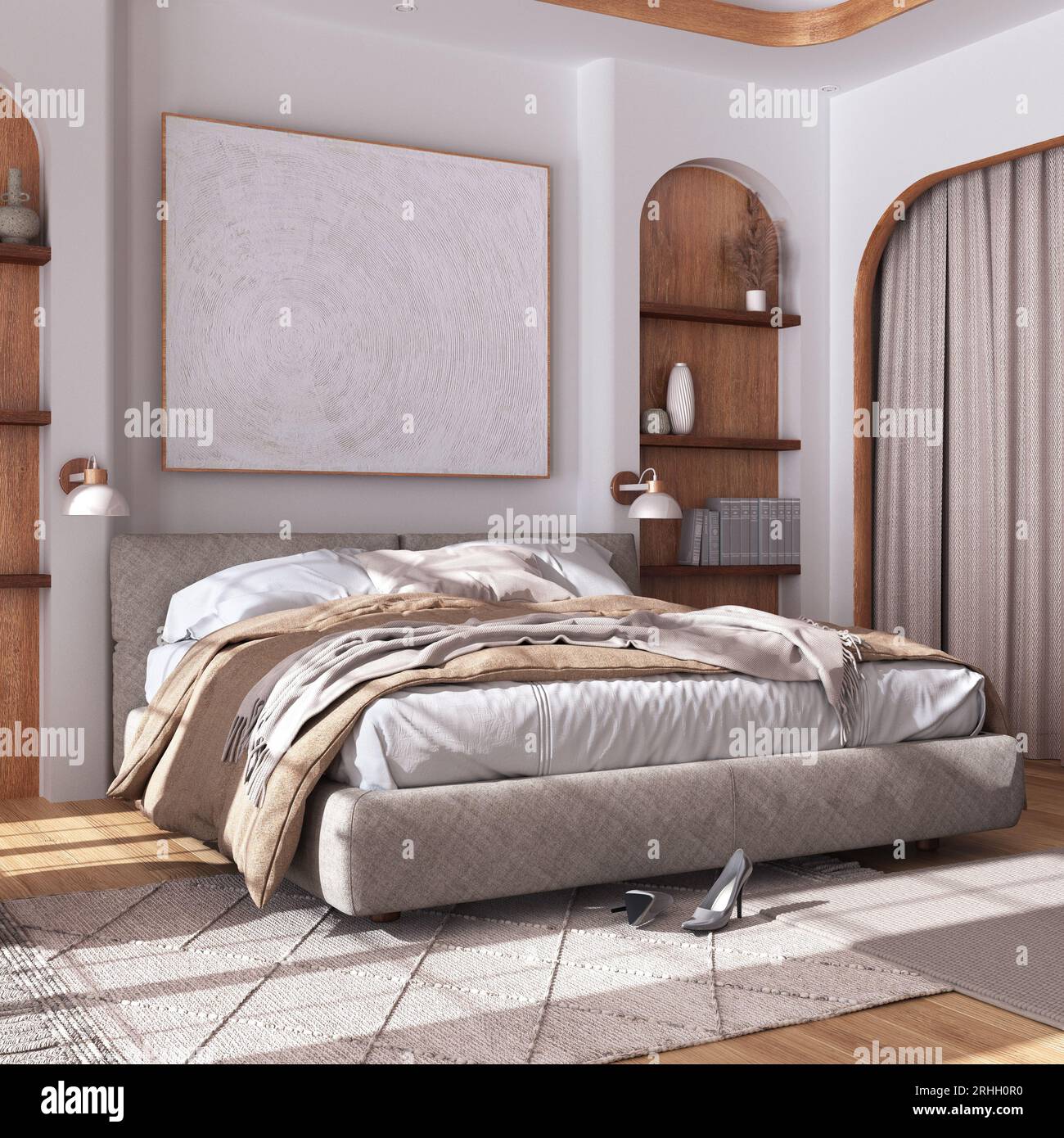 Classic wooden bedroom with master bed, parquet floor, niches and carpet in  white and beige tones. Arched door with curtains and shelves. Farmhouse in  Stock Photo - Alamy