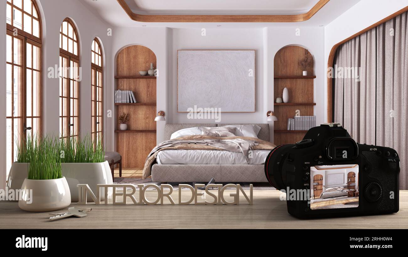 Architect photographer designer desktop concept, camera on wooden work ...