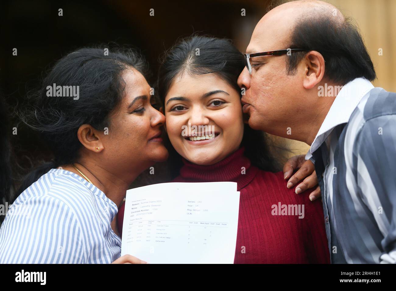 Birmingham, UK. 17th Aug, 2023. Students from King Edward VI High School for Girls, Edgbaston, Birmingham, celebrate their successful results in their A levels. KEHS Sports Scholar Lashmitha, who is part of GB Archery and joined KEHS at Sixth Form, achieved 4 A*s in Art, Biology, Chemistry and Maths and an A in the EPQ, and will now read Medicine at the University of Cambridge. She has been awarded a prestigious OCR bursary, of which only 10 are awarded. Credit: Peter Lopeman/Alamy Live News Stock Photo