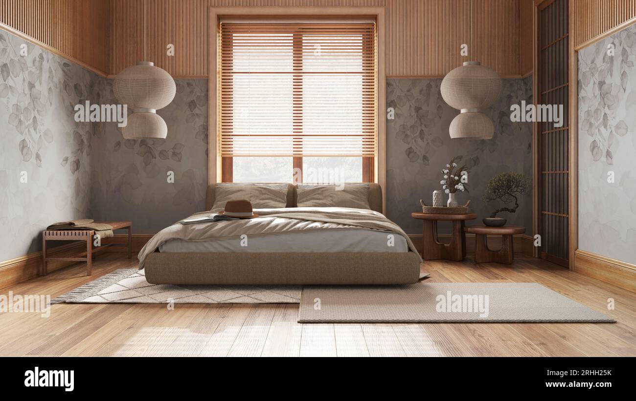 Japandi bedroom with wallpaper and wooden walls in white and beige