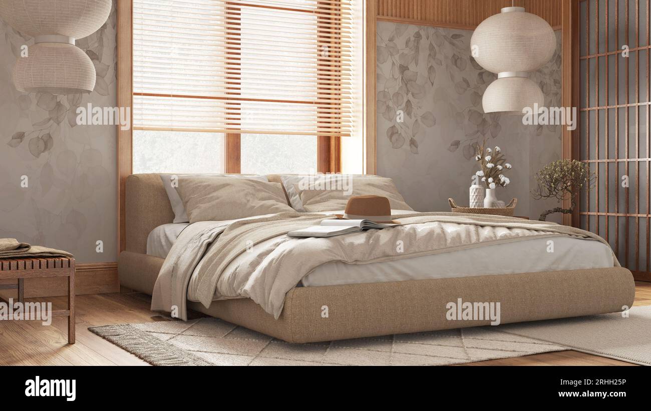 Japandi bedroom with wallpaper and wooden walls in white and beige ...