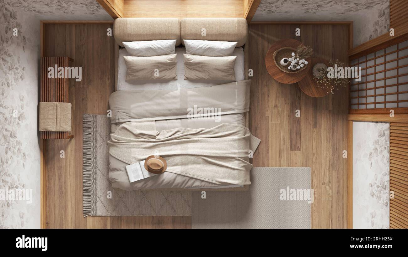 Japandi bedroom with wallpaper and wooden walls in white and beige