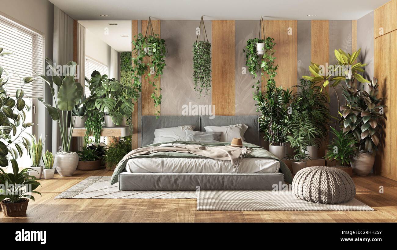 Urban jungle, modern bedroom in white and wooden tones. Master bed, parquet  floor and decors, houseplants. Home garden interior design. Love for plant  Stock Photo - Alamy, image size:1300x821