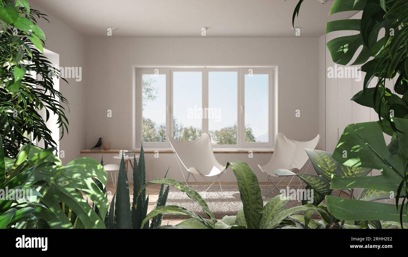 Picture of Jungle frame, biophilic idea. Tropical leaves over scandinavian minimal ...