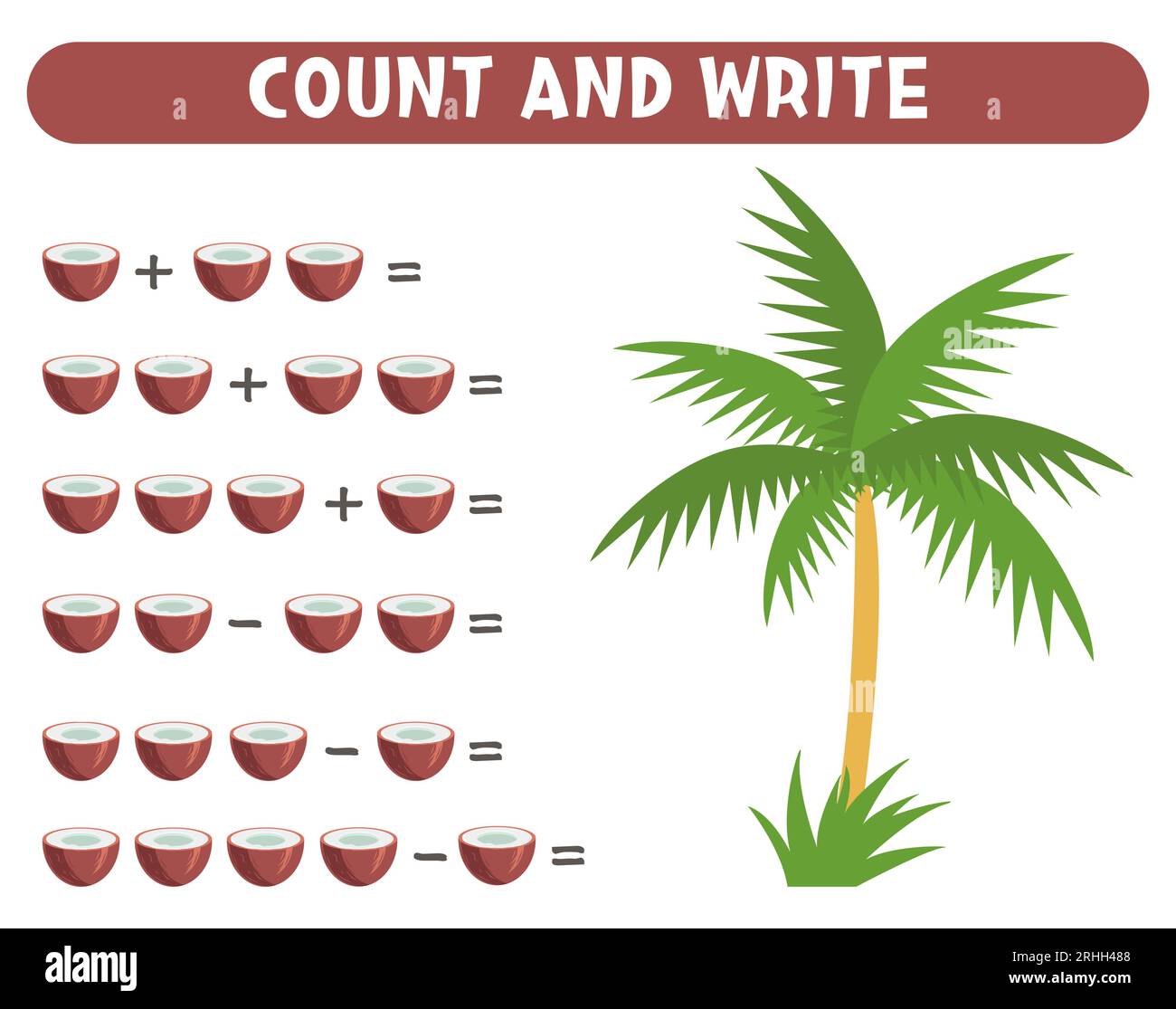 Math game for kids. Count coconuts. Printable worksheets Stock Vector