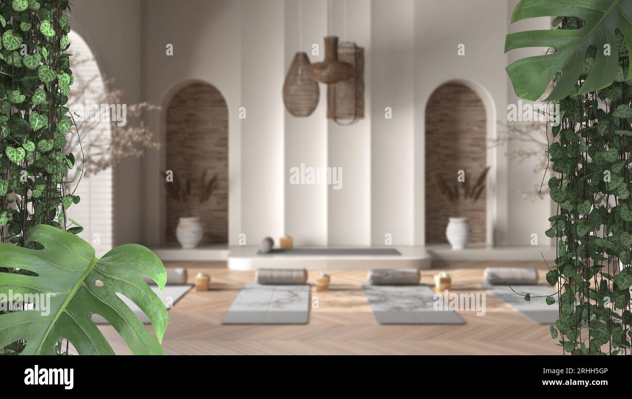 Jungle frame, biophilic concept idea interior design. Tropical leaves over bohemian yoga room. Cerpegia woodii and monstera deliciosa plants Stock Photo