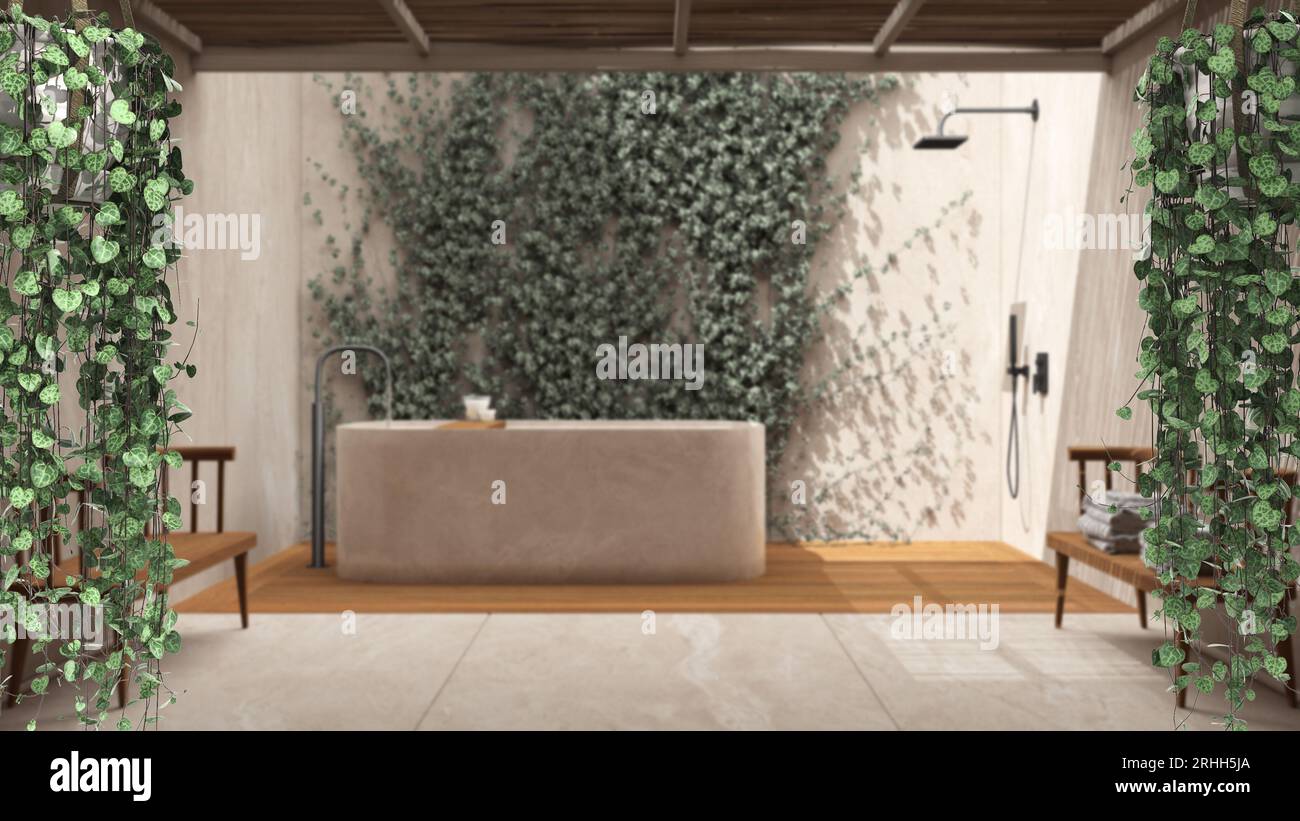 Jungle frame, biophilic concept idea interior design. Tropical leaves over exterior bathroom with ivy and bathtub. Cerpegia woodii hanging plants Stock Photo
