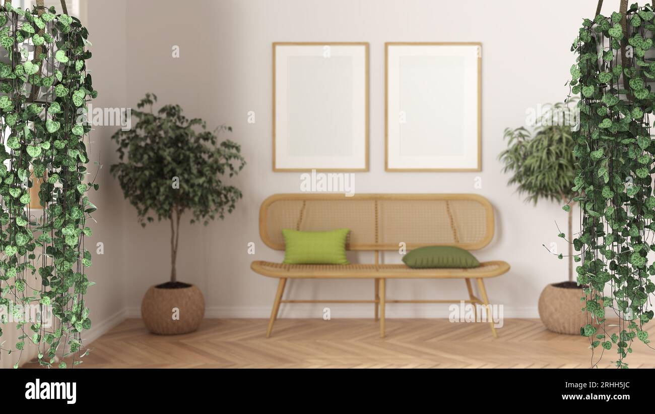 Jungle frame, biophilic concept idea interior design. Tropical leaves over farmhouse living room with rattan sofa. Cerpegia woodii hanging plants Stock Photo