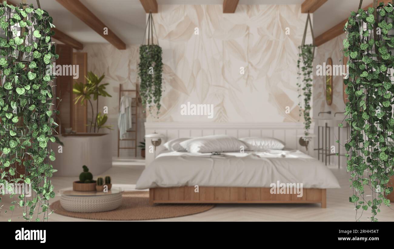 Jungle frame, biophilic concept idea interior design. Tropical leaves over boho bedroom and bathroom. Cerpegia woodii hanging plants Stock Photo