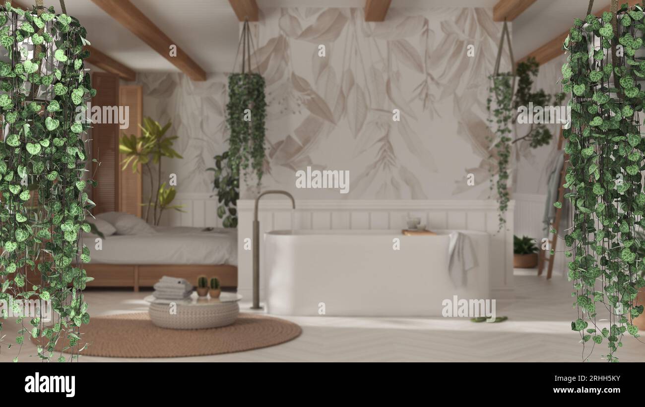 Jungle frame, biophilic concept idea interior design. Tropical leaves over boho bathroom with bathtub and wallpaper. Cerpegia woodii hanging plants Stock Photo