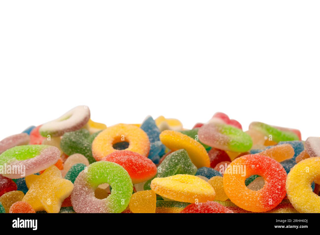 Assorted gummy candies isolated on a white background. Top view. Jelly