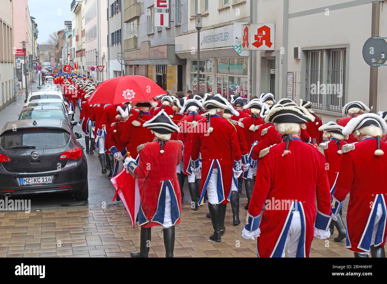 Guards from rear on oaths Sunday at Määnzer Fassenacht carnival celebration, Mainz city centre, Rhineland-Palatinate, Germany, D55126 Stock Photo