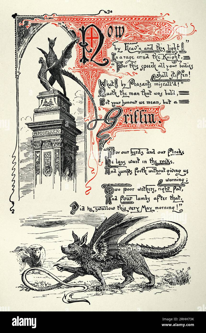 Page from the Knight and the Dragon by Thomas Hood, Fantasy mythology, illustrated by Ernest Maurice Jessop Stock Photo