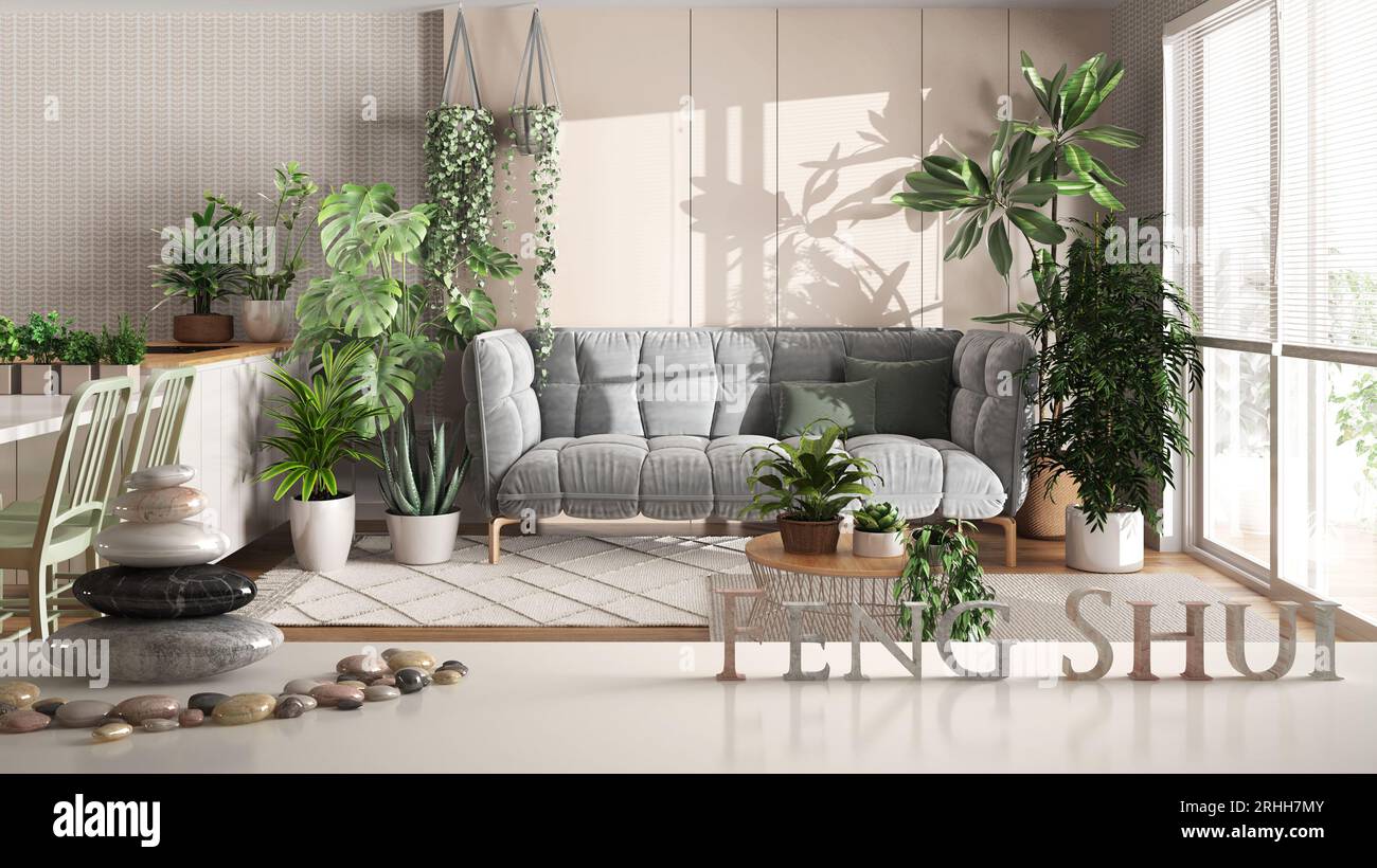 White table shelf with pebble balance and 3d letters making the word