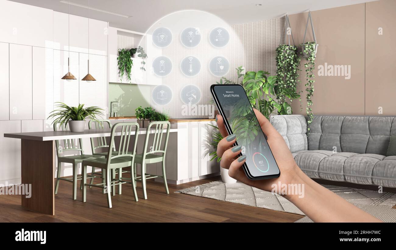 Smart home technology interface on phone app, augmented reality ...