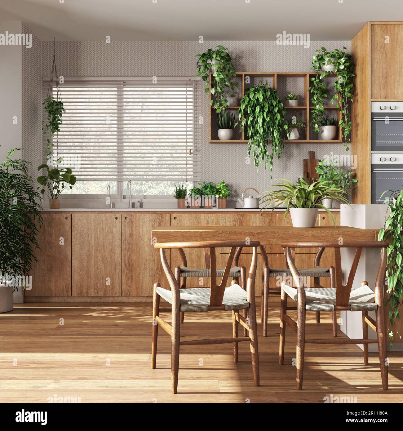 Modern wooden kitchen in white and beige tones with island, chairs ...