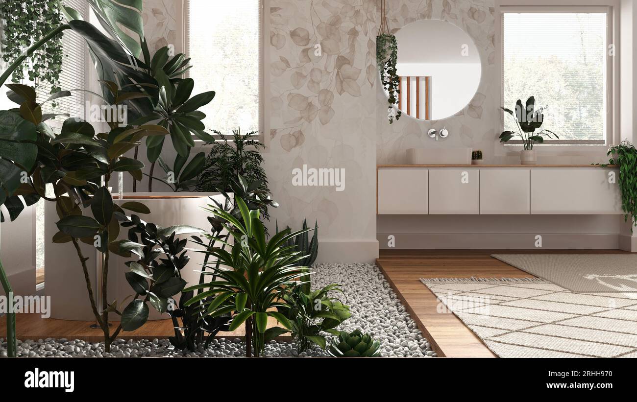 Biophilia interior design, wooden bathroom in white and beige tones ...