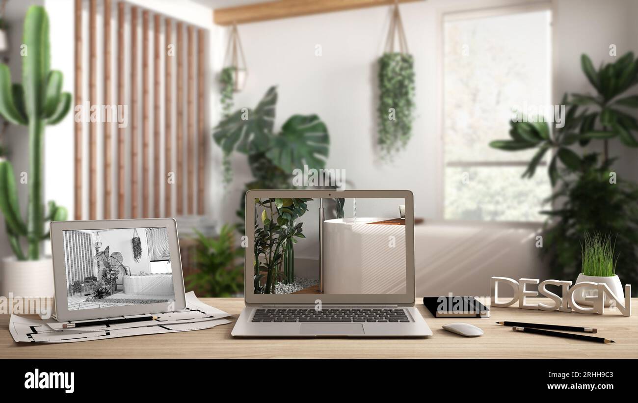 Architect designer desktop concept, laptop and tablet on wooden desk with screen showing interior design project and CAD sketch, bathroom with bathtub Stock Photo