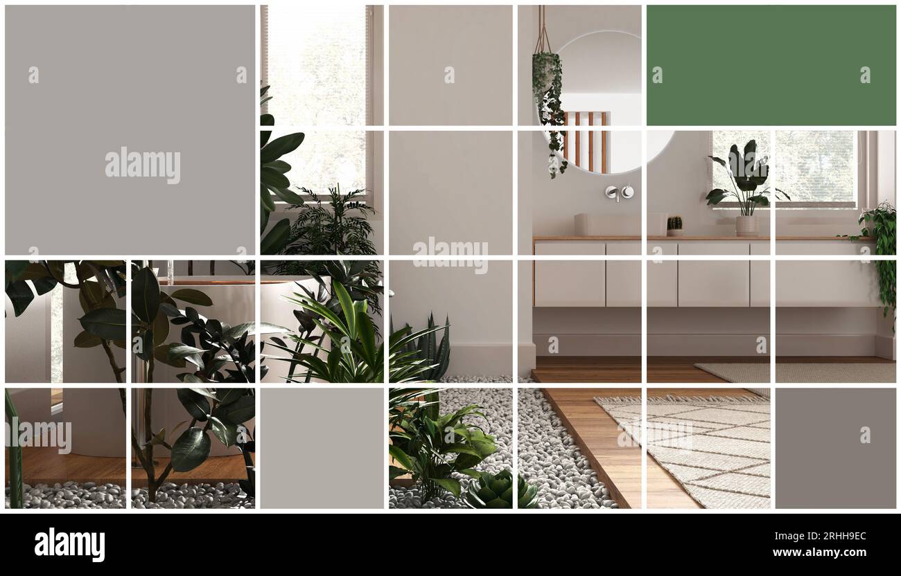 Geometric square mosaic graphic effect with copy space for text, presentation template, mockup idea, bathroom with bathtub and many houseplants, urban Stock Photo