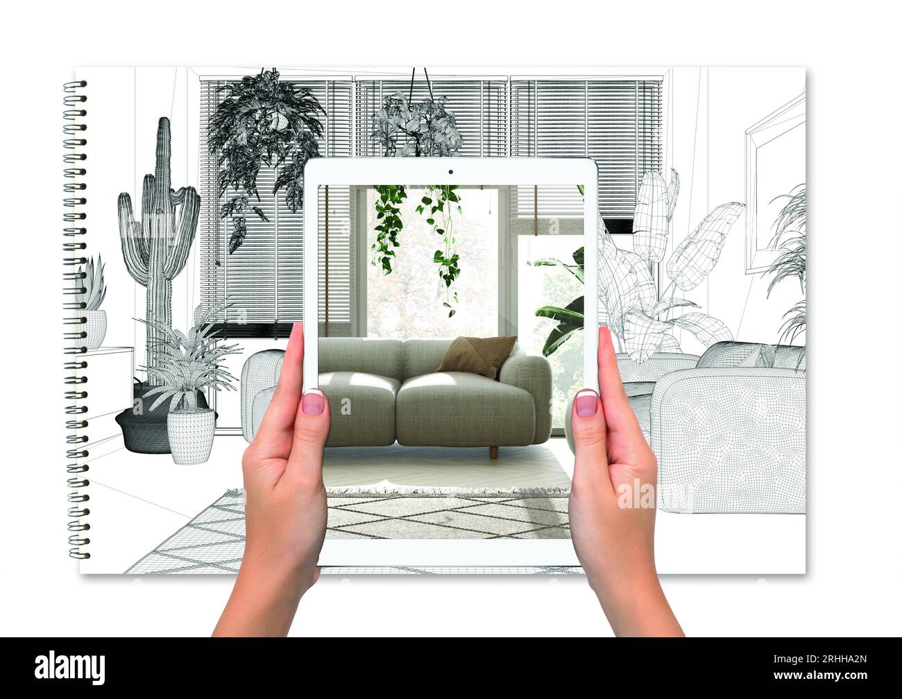 Hands holding tablet showing white living room, total blank project