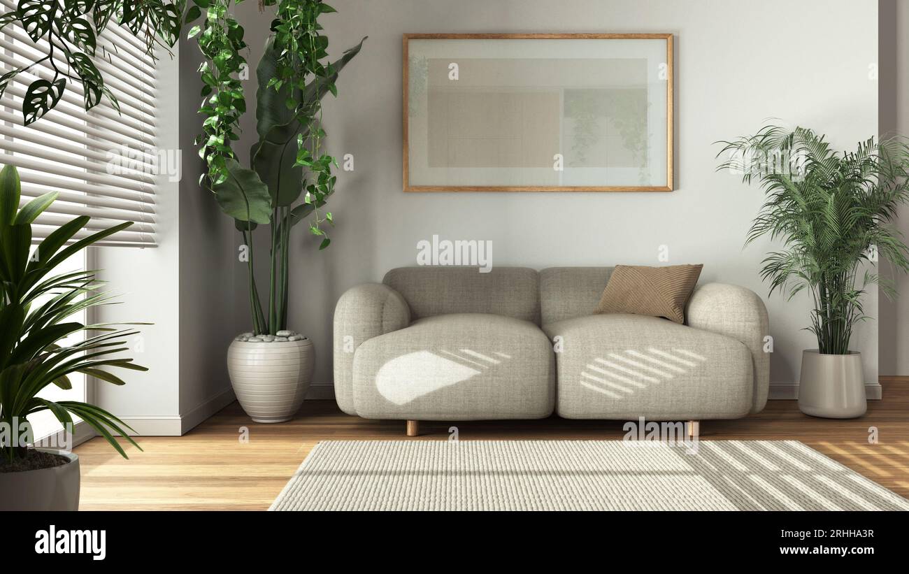 Minimal wooden living room in white and beige tones with fabric sofa ...