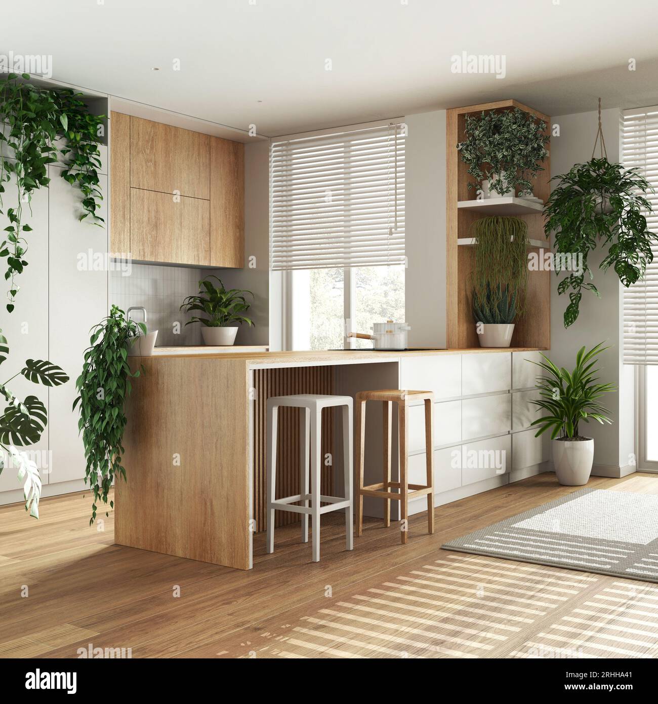 Urban jungle interior design, wooden kitchen in white tones with many ...