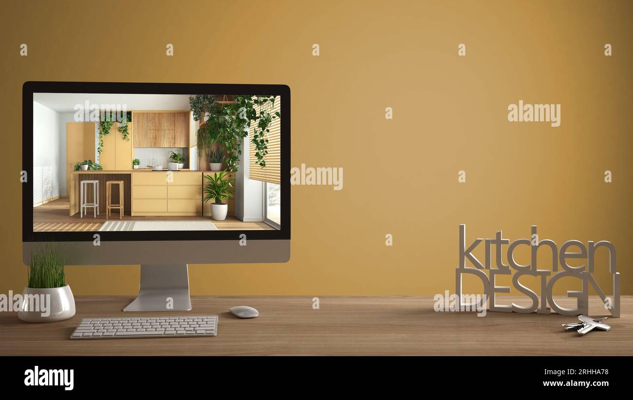 Architect designer project concept, wooden table with house keys, 3D