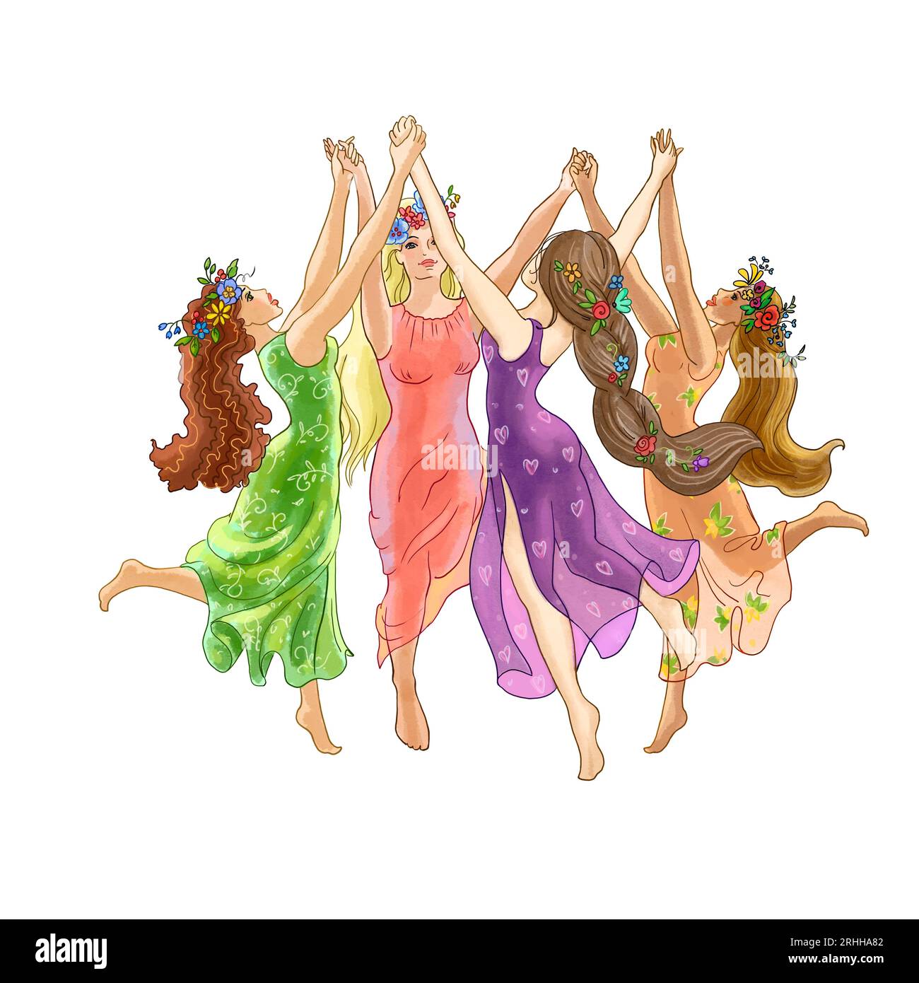 Young girls dance holding hands in a circle. Joyful emotions and expression of happiness. Women's friendship, sisterhood and mutual support in the women's circle. For emblems, logos, printing, etc. High quality illustration Stock Photo