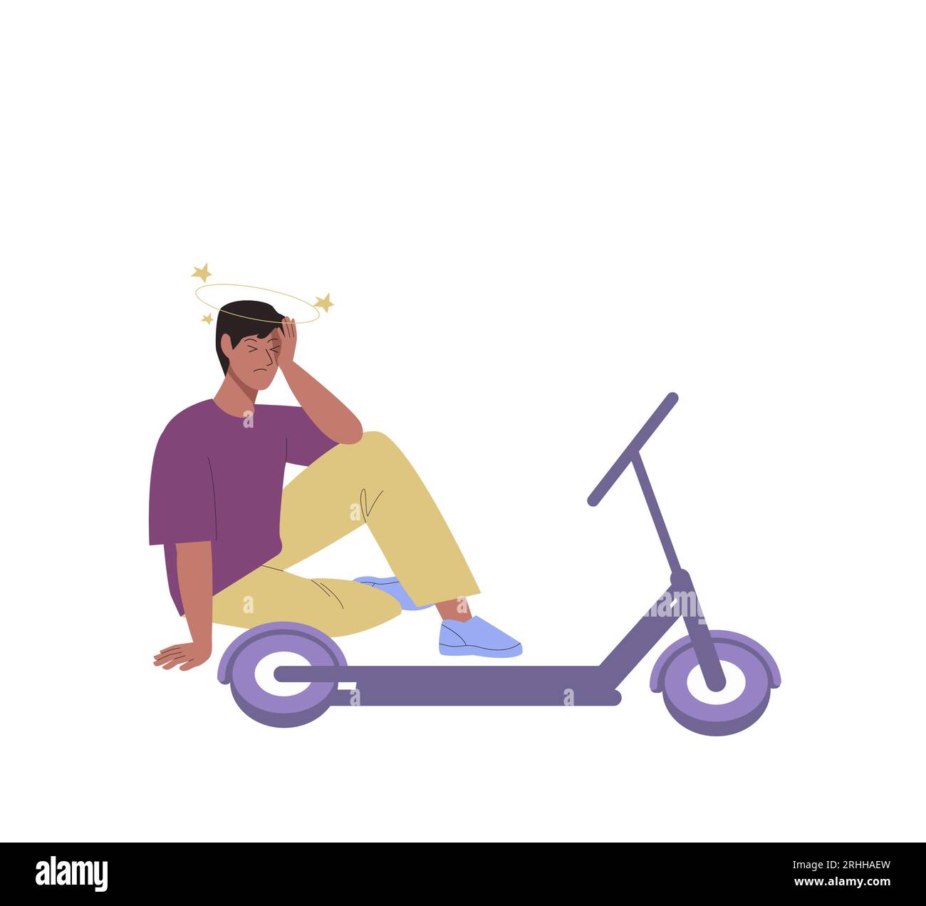 Guy without helmet fell off electric scooter and holding his head while sitting on the ground