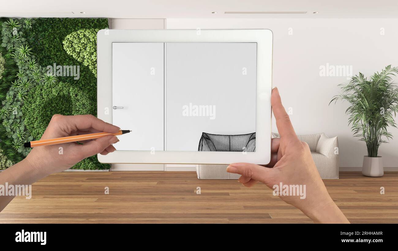 hands-holding-and-drawing-on-tablet-showing-sitting-waiting-room-with