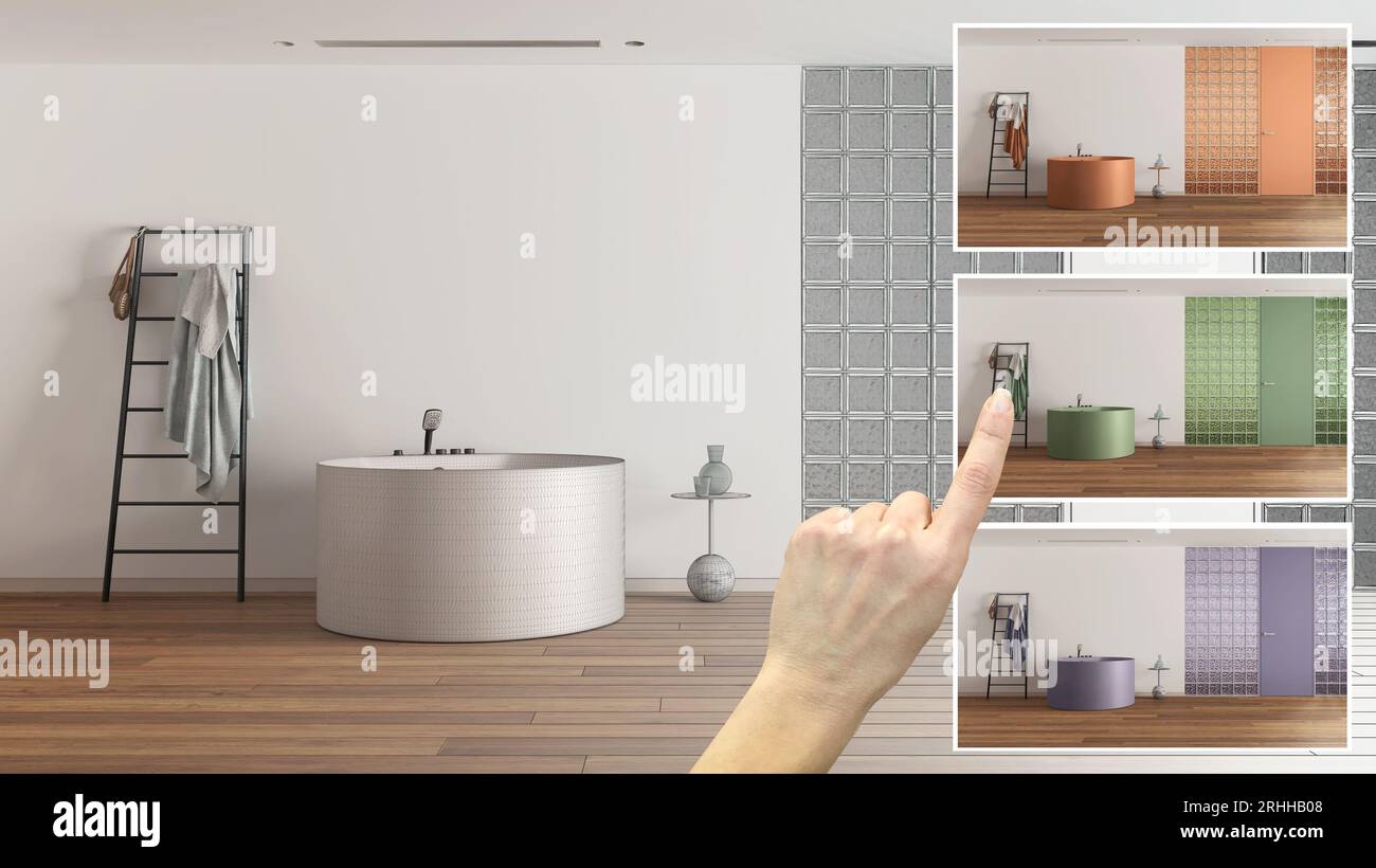 Architect designer concept, hand showing minimal bathroom with bathtub ...