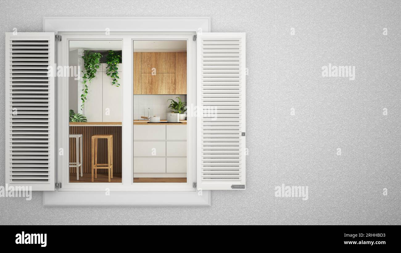 Exterior plaster wall with white window with shutters, showing interior ...