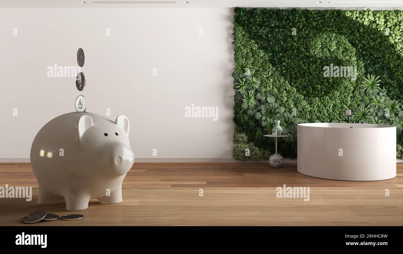Wooden table top or shelf with white piggy bank with coins, bathroom ...