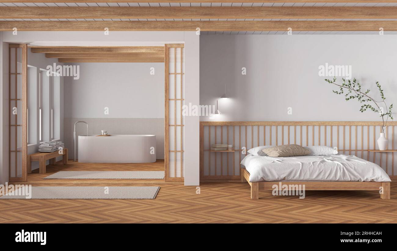 Minimal japandi bedroom and bathroom in wooden and white tones. Double ...