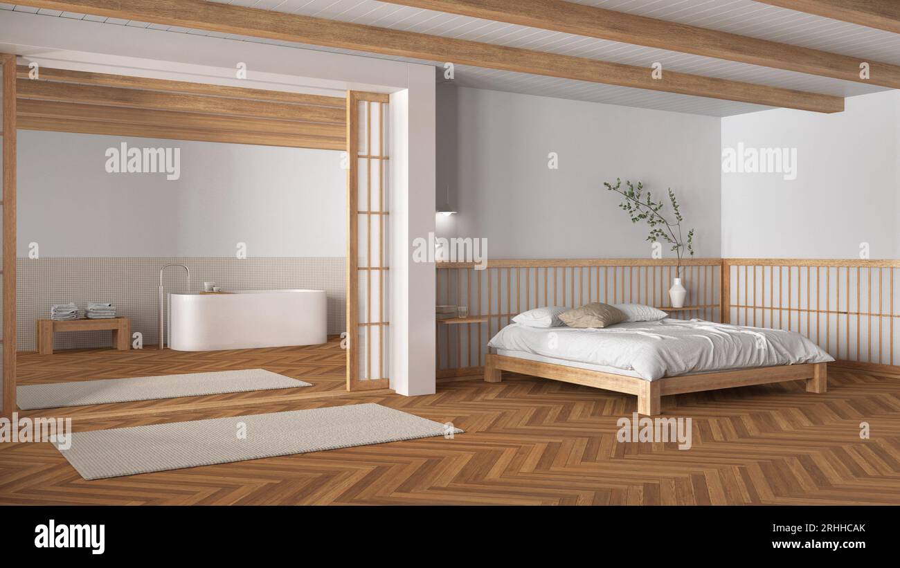 Minimal japandi bedroom and bathroom in wooden and white tones. Double ...