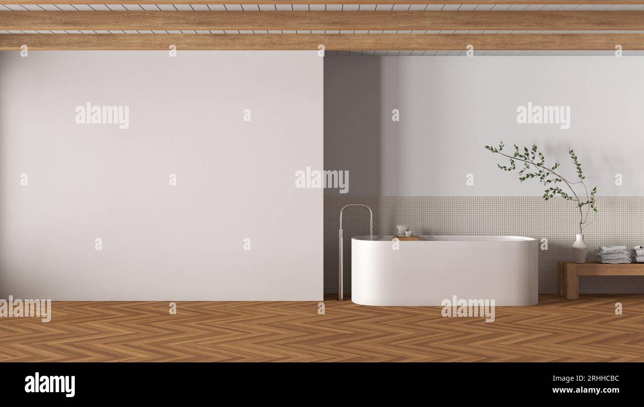 Minimal japandi bathroom in wooden and white tones. Mockup with copy ...