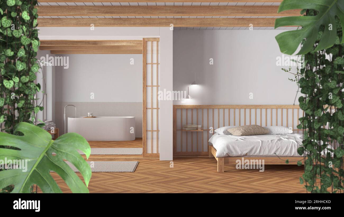 Jungle frame, biophilic concept idea interior design. Tropical leaves over minimal white bathroom and bedroom. Cerpegia woodii and monstera deliciosa Stock Photo