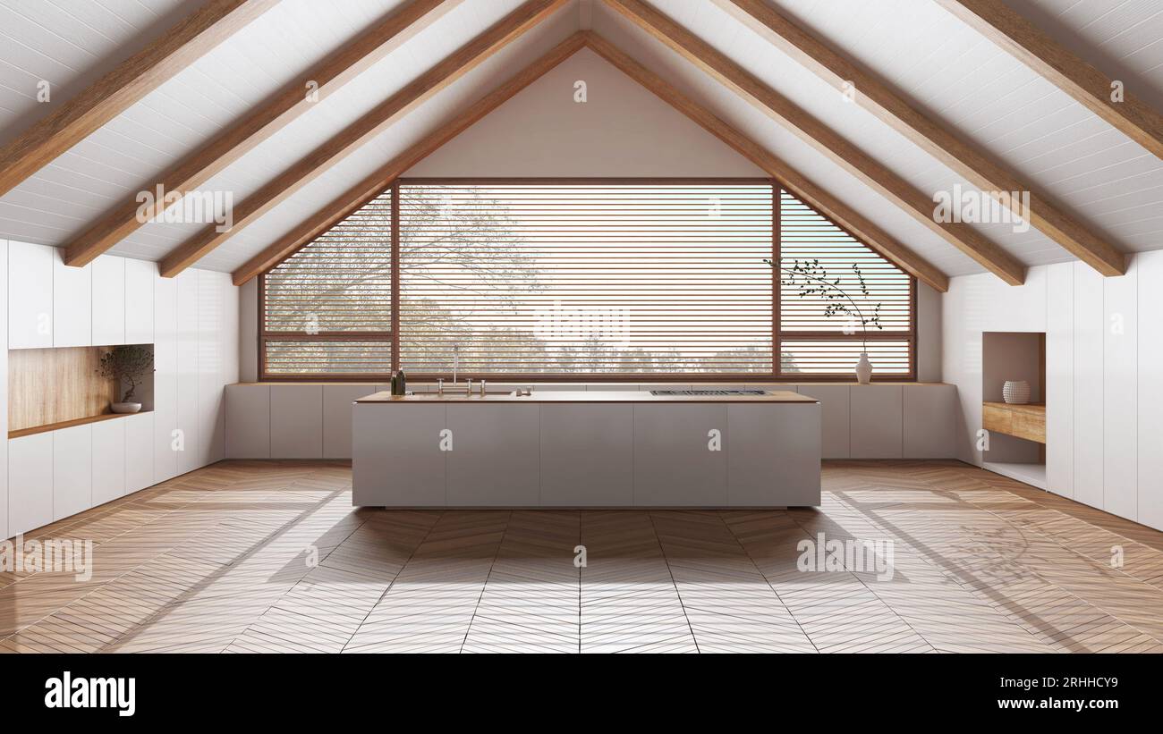 Curated visual reference: Visual Reference: Penthouse Interior Design Minimal Kitchen With Sloping Wooden Ceiling