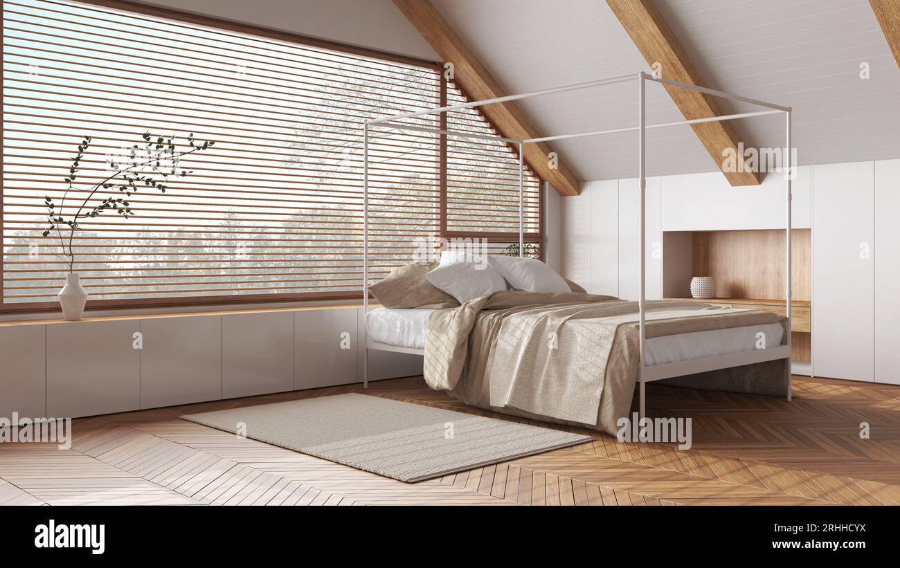 Attic interior design, minimal wooden bedroom with canopy bed and ...