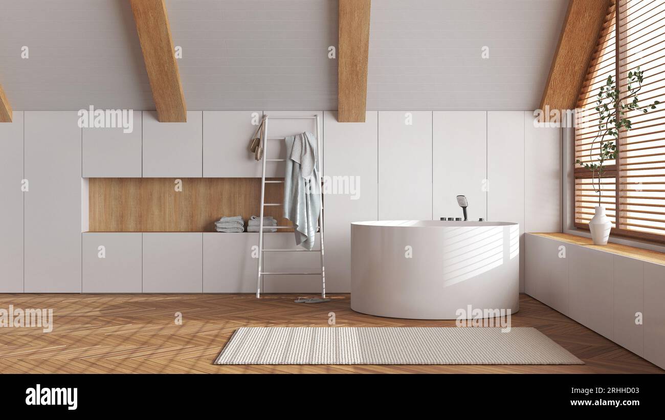 Attic interior design, minimal wooden bathroom with round bathtub and  panoramic window in white tones. Towels and decors. Japandi scandinavian  style Stock Photo - Alamy, image size:1300x821