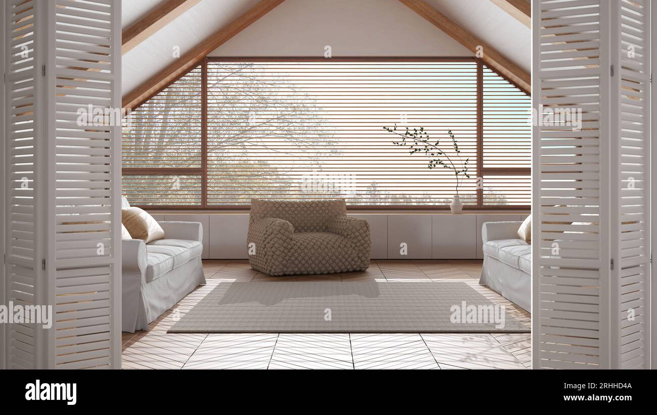 White folding door opening on minimal japandi living room in penthouse ...
